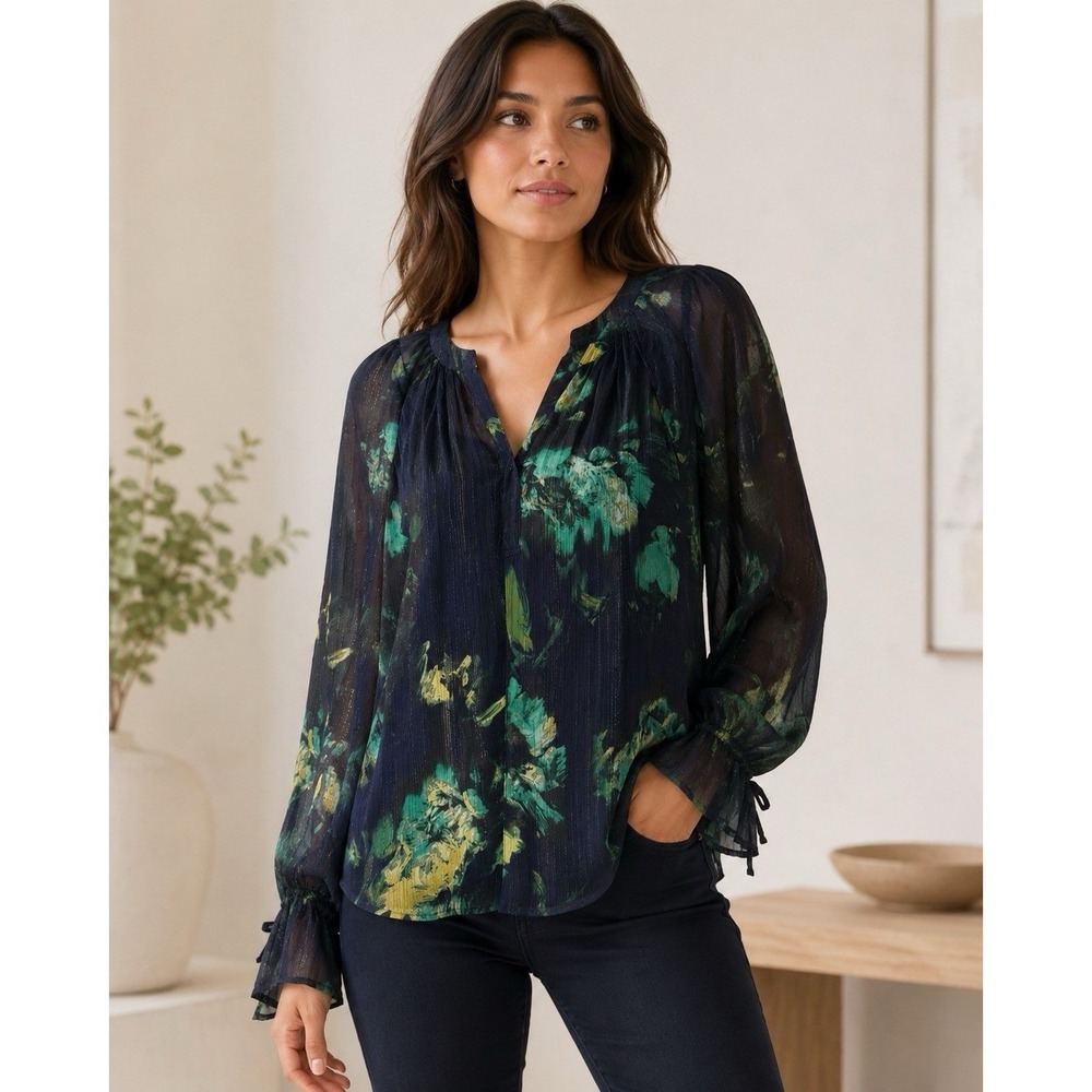Simply Vera Vera Wang Navy Floral Metallic Lurex Blouse Ruffle Cuff Large